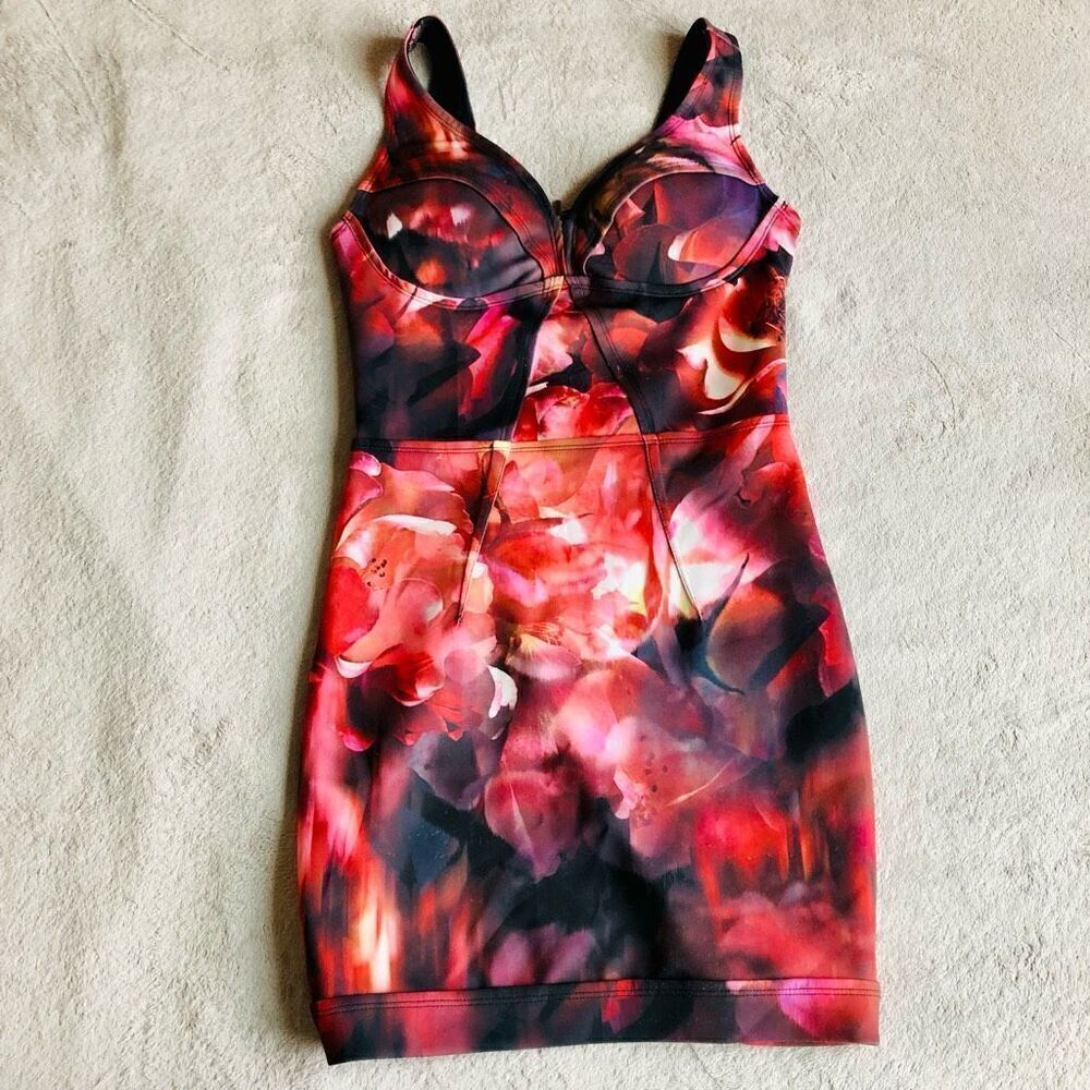 Bebe Red and Black Floral Scuba Dress
